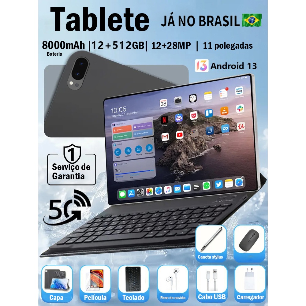 Tablet Bml B30 Tela 11Polegadas Tela com 5G WiFi 512/12GB RAM SIM Card Câmera 30MP e 13MP  Teclado/case