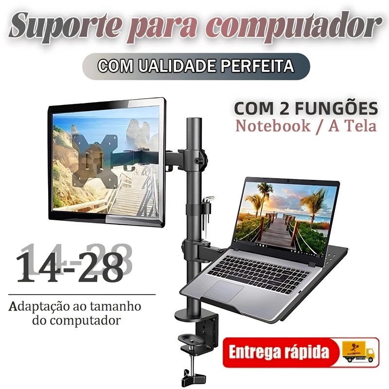 Suporte Duplo Articulado De Mesa P/ Monitor E Notebook Suporta até 10kg e Ajustável Economiza espaço