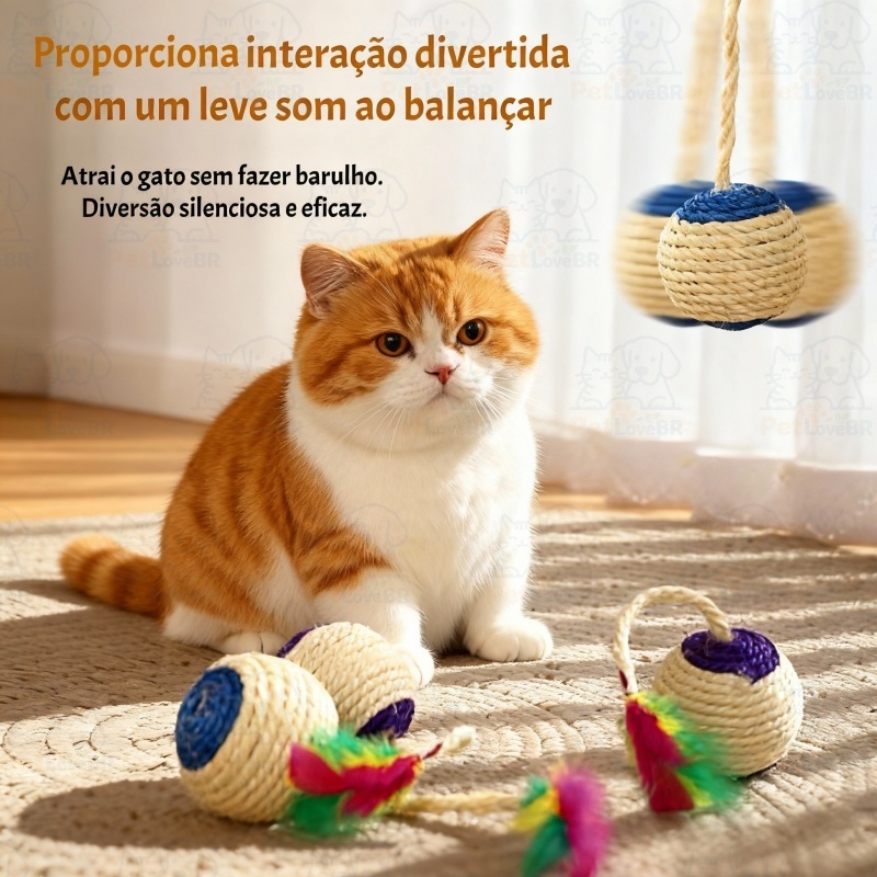 Brinquedo para Gatos - Bolinha de Sisal com Cauda de Penas, Estimula Instinto de Caça e Brincadeiras Sozinho