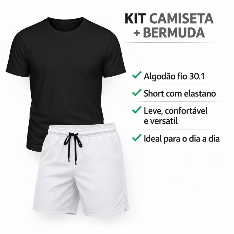 Conjunto Camiseta E Shorts Camisa 100% Algodão 30.1 Bermuda Tactel Com Elastano Academia Corrida Verão Praia