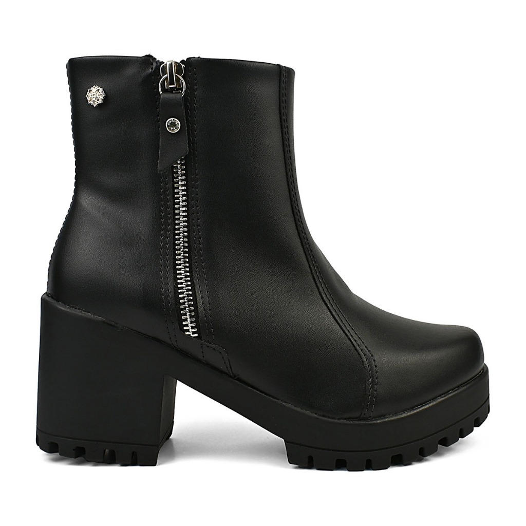 Bota Feminina Coturno Tratorada Salto Médio 8CM Zíper Confortável Macia Cano Curto KALLYS 0497