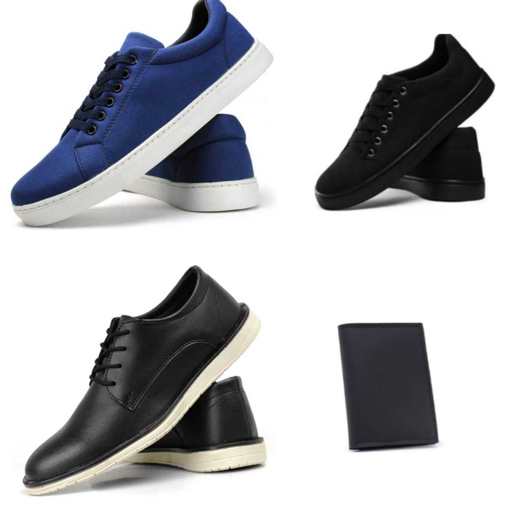 kit Masculino 2 Sapatênis casual Confortável Azul Preto + Sapato Social PT + Porta Cartão