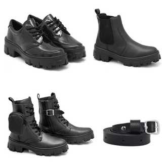 Coturno Feminino C/ Bag Preto + Mocassim Wandinha Preto + Coturno com Elástico + Cinto