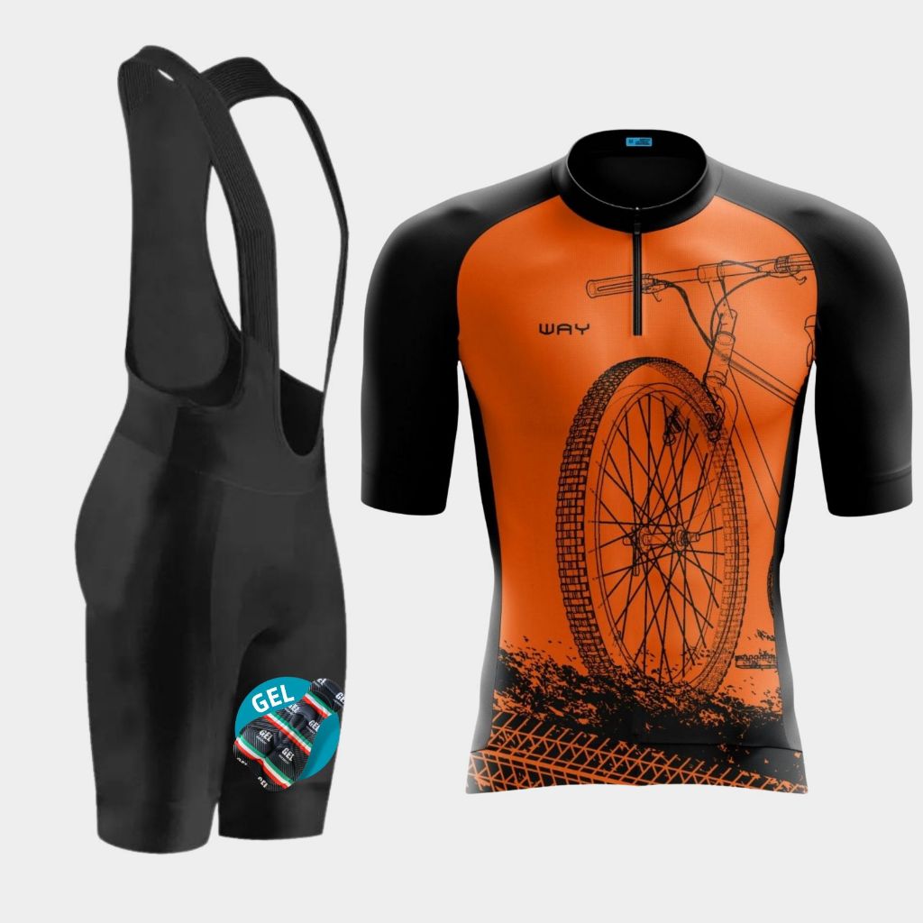Conjunto de Ciclismo Masculino Bike Roda Laranja e Bretelle com Forro de Gel