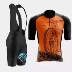 Conjunto de Ciclismo Masculino Bike Roda Laranja e Bretelle com Forro de Gel