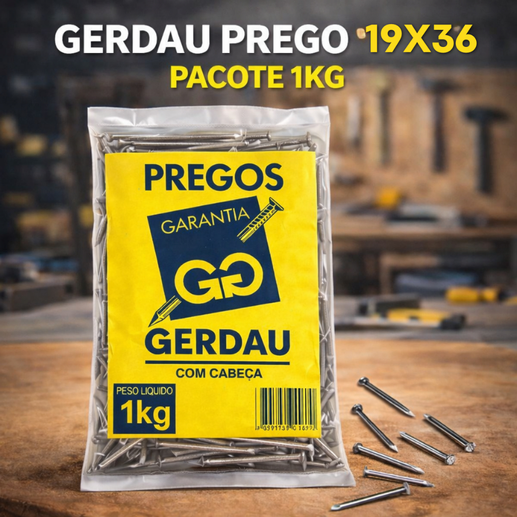Prego Gerdau 19x36 com Cabeça Pacote 1kg Fixação em Madeira Uso Geral