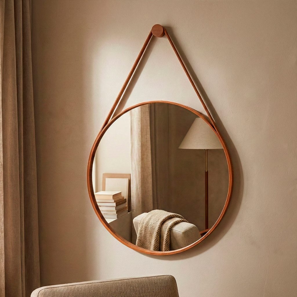 Espelho Decorativo Sala Lavabo Escritório Alça Em Couro Ecológico 30cm + Suporte Pino de Fixação em Oferta na Shopee