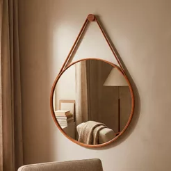 Espelho Decorativo Sala Lavabo Escritório Alça Em Couro Ecológico 30cm + Suporte Pino de Fixação