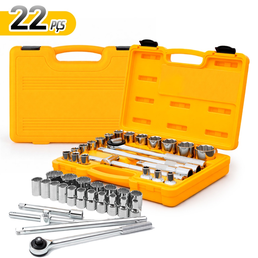 Jogo De Soquetes 22 Pçs Encaixe 1/2'' C/ Chave Catraca Maleta Completo em Oferta na Shopee