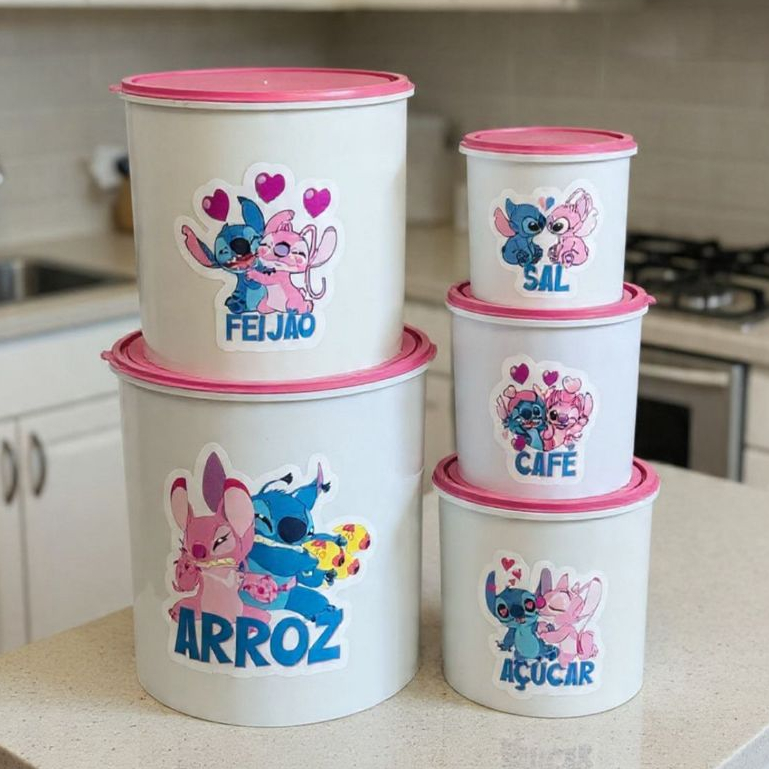 Kit Mantimentos 5 Peças Plástico Adesivo Stich Decoração Cozinha condimentos potes em Oferta na Shopee