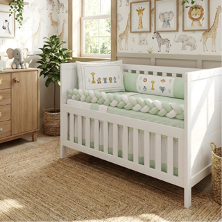 Kit Protetor Berço Padrão Americano Bichinhos Safari Verde Caqui Azul Menino Algodão Trança em Oferta na Shopee