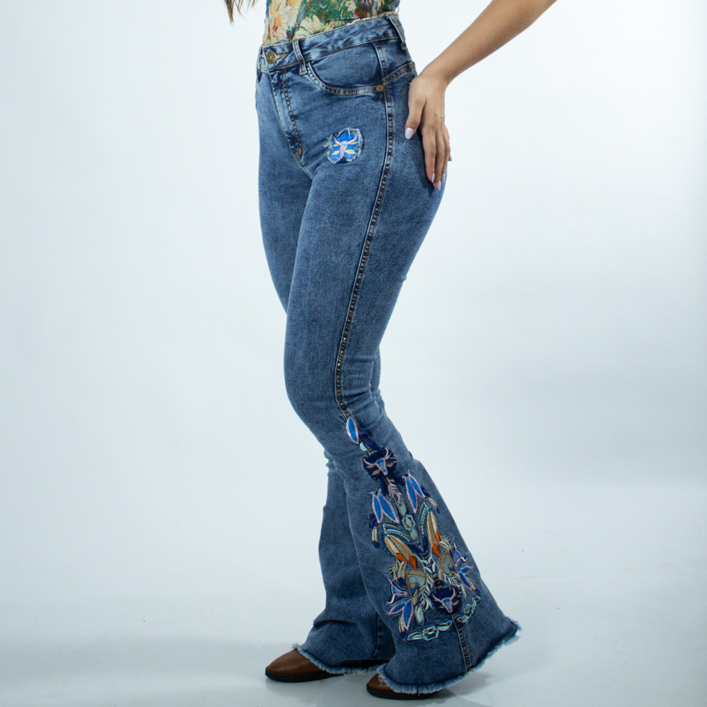 Calça Jeans Azul Feminina Flare Stoned Bordada Indian Western Moda Country Cintura Alta Texas Ranch em Oferta na Shopee