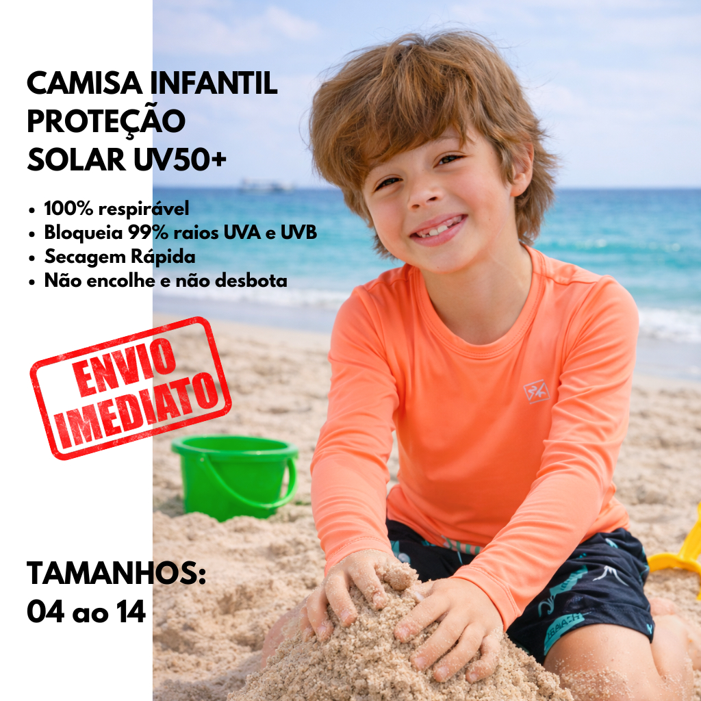 Camiseta MANGA LONGA Proteção Solar Uv50+ Infantil Feminina e Masculina PRAIA, PISCINA, 04 ao 14