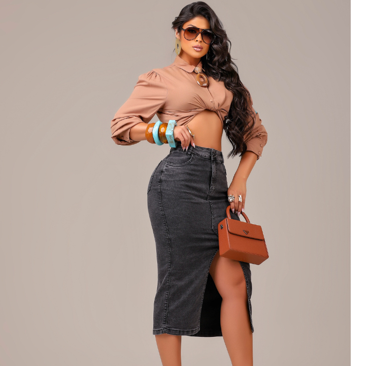 Saia Jeans Midi Com Fenda Com Elastano Premium Casual Tendenia Elegante Moderna Evangelica Festas em Oferta na Shopee