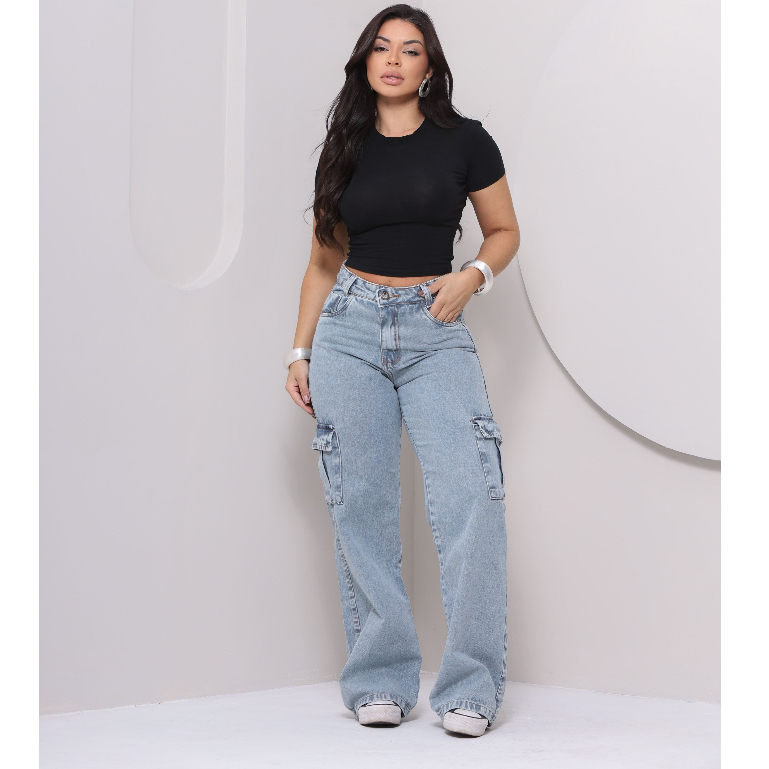 Calça Jeans Cargo Feminina Confortável Casual Versátil Tendência Elegante Moderna Festas Blogueira