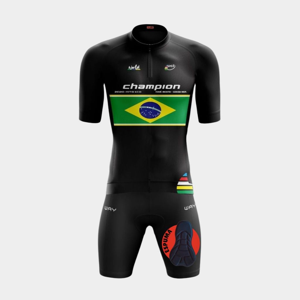 Conjunto de Ciclismo Masculino Camisa Brasil Preta Pro e Bermuda Espuma