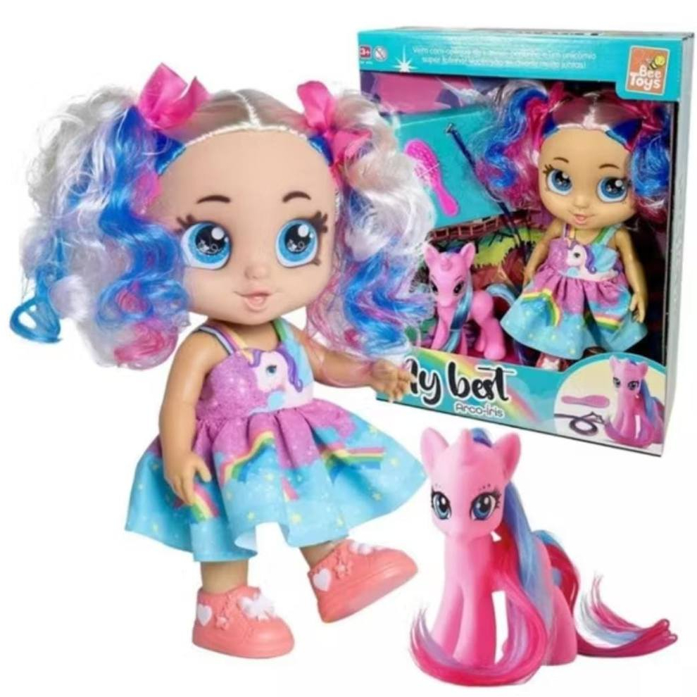 Boneca Menina My Best Arco Iris Com Unicórnio e Acessórios - Bee Toys - em Oferta na Shopee
