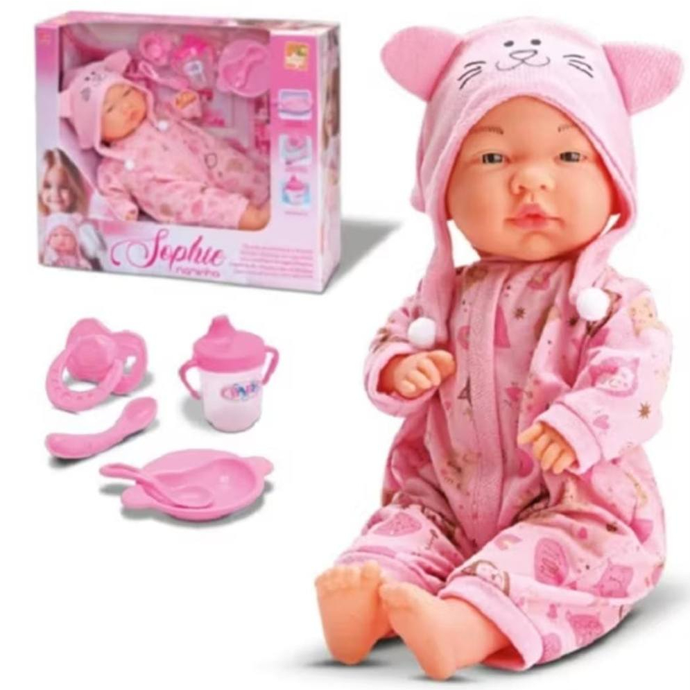 Boneca Naninha Sophie Acompanha Chupeta Mamadeira Pratinho E Colher - Bee Toys -