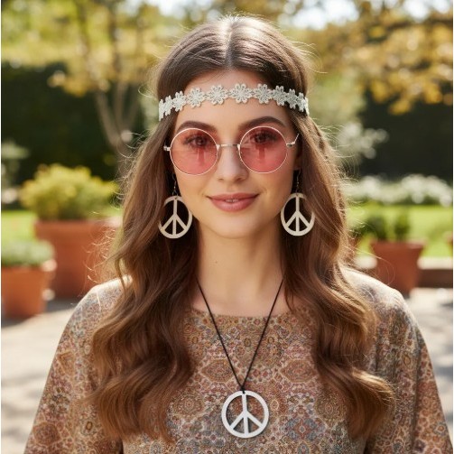 Kit Fantasia Hippie Anos 70 Brinco Faixa Colar Óculos Adulto