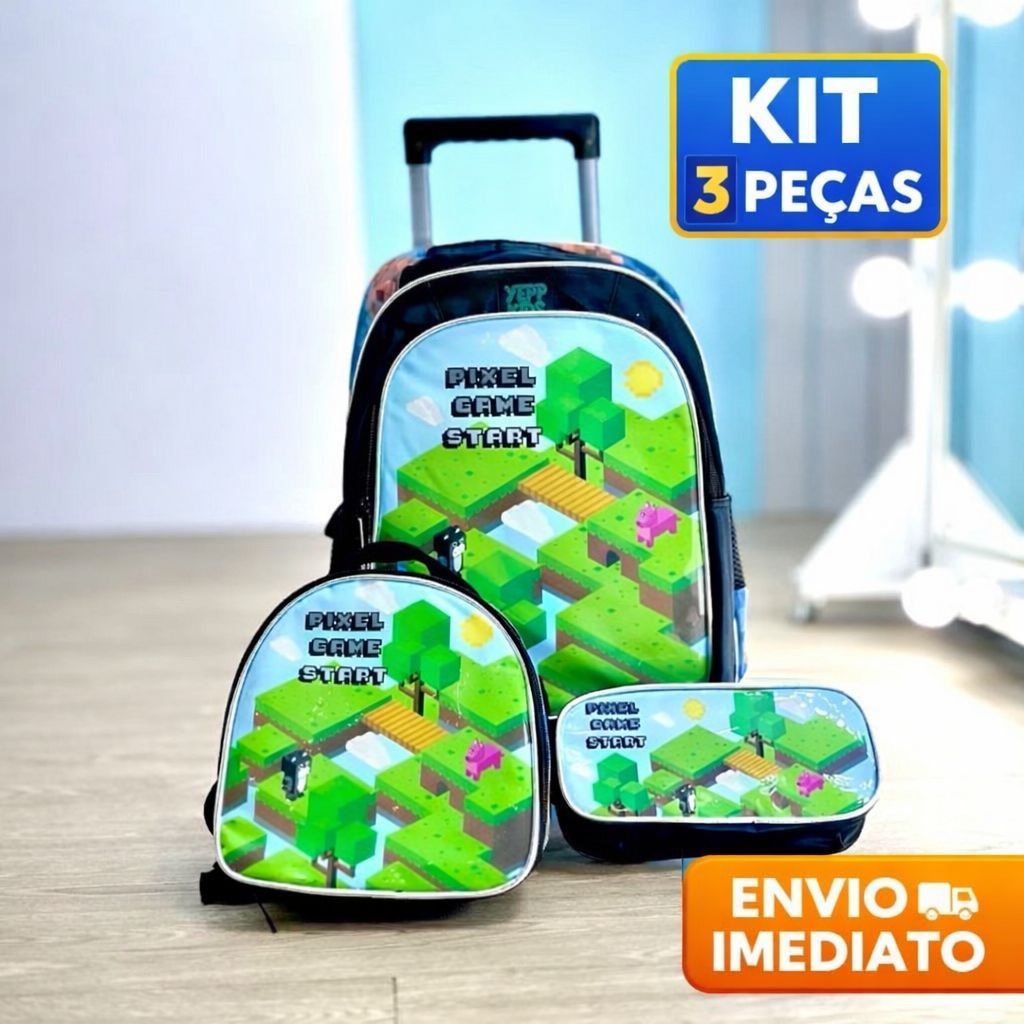Kit Mochila Escolar Game Craft com Rodinhas Infantil Masculino + Estojo + Lancheira
