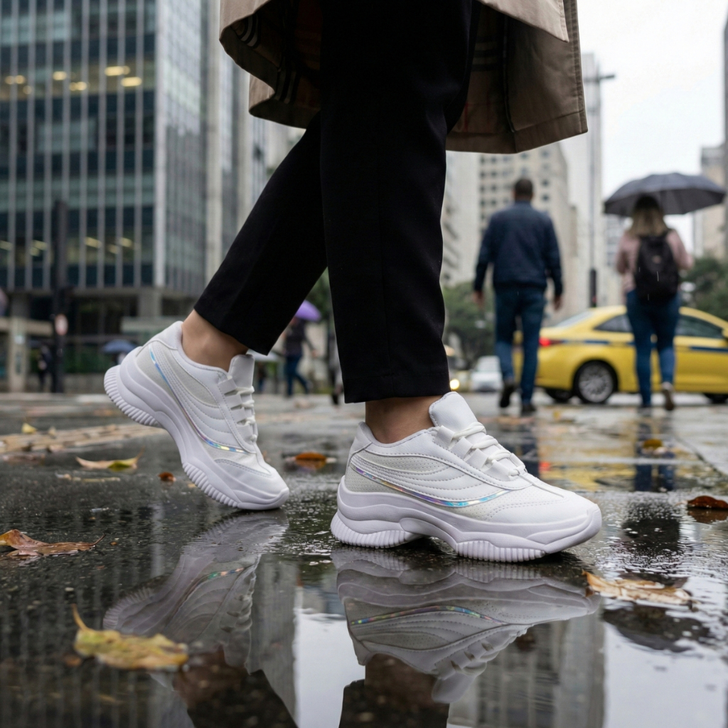 Tênis Casual Feminino Branco Leve Confortável Com Detalhes Dourados Ou Holográficos