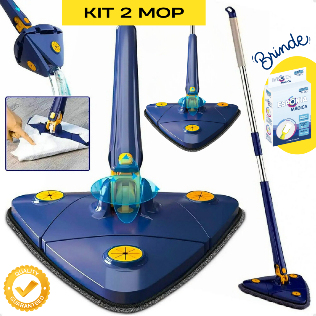 Mop Limpeza Rodo Giratório Esfregão Banheiro Limpa e Seca Chão Janela Teto Ajustável 360 KIT 02 UND