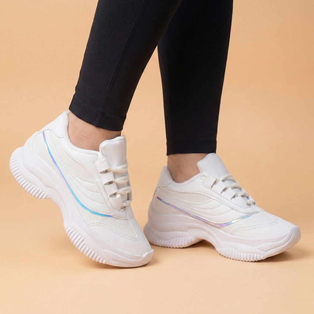 Tênis Feminino Casual Branco Com Detalhes Dourados Ou Holográficos Confortável
