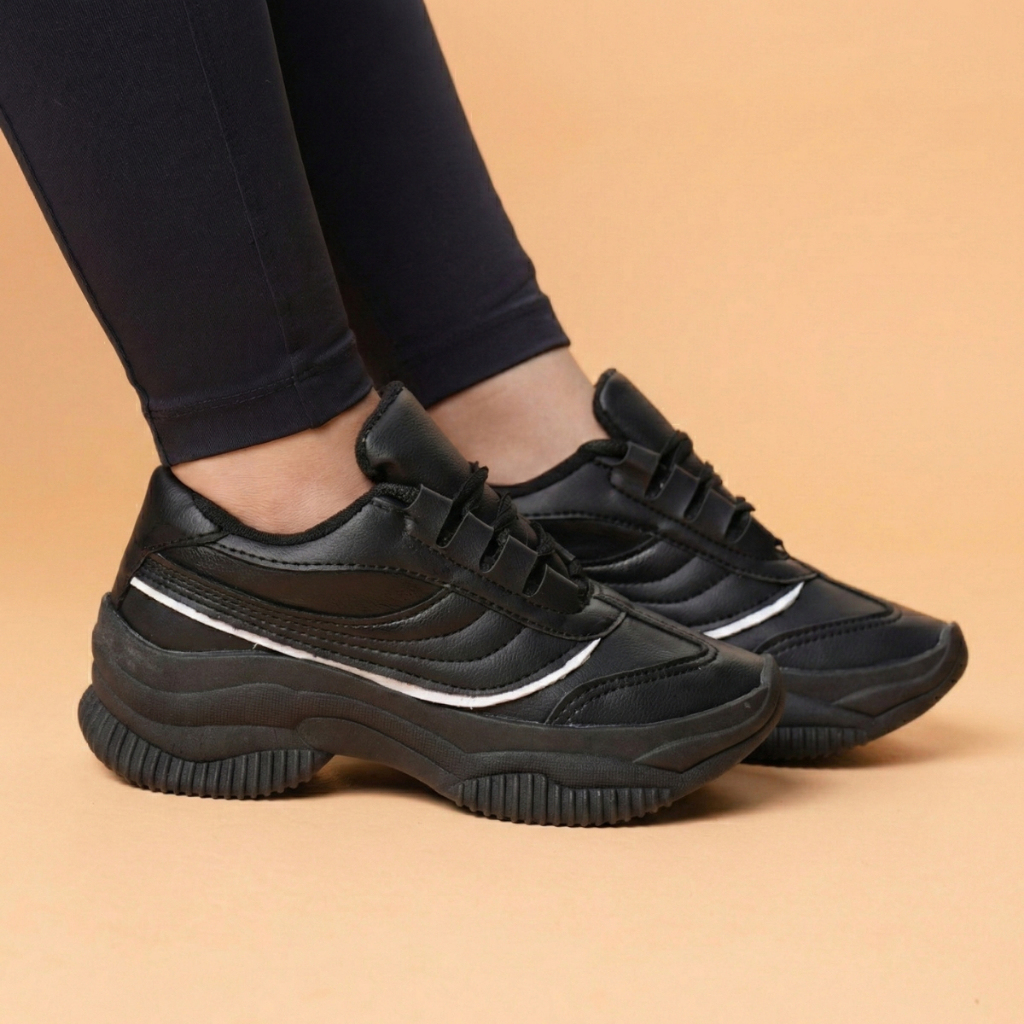 Tênis Feminino Casual Preto Confortável Com Detalhes Holográficos Macio E Confortável