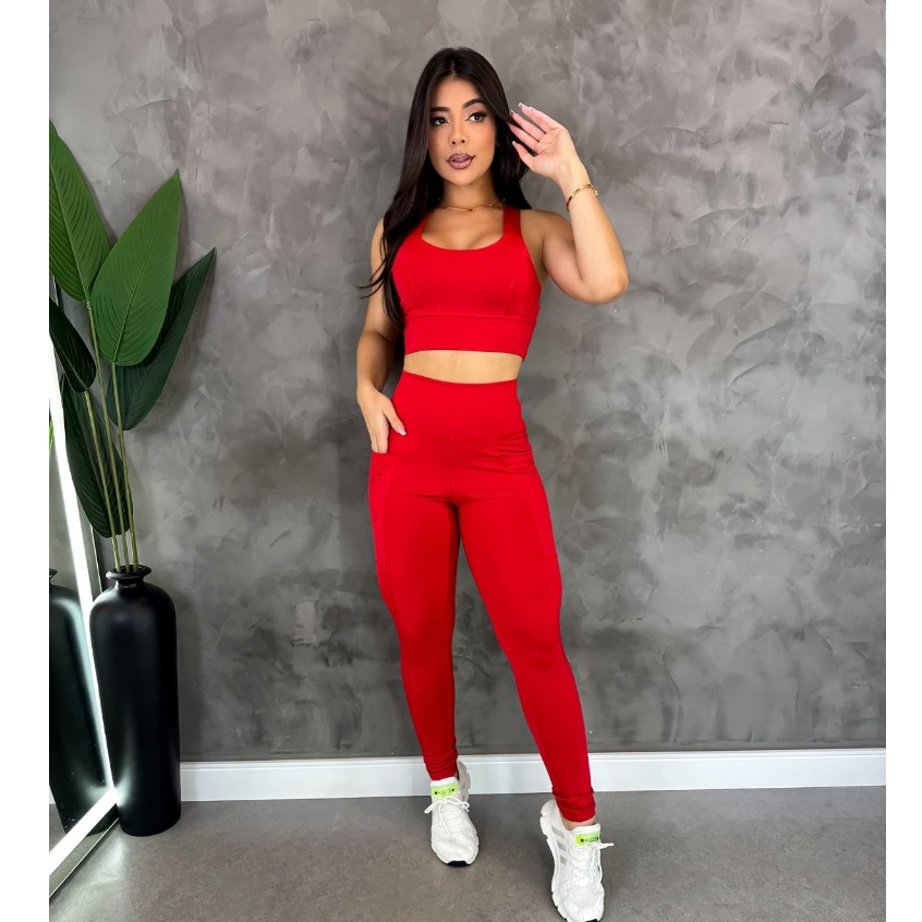 Conjunto Academia Top com Bojo e Calça Legging Com Bolso Confortável Para Treino Zero Transparência em Oferta na Shopee