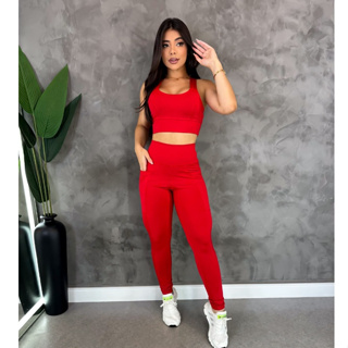 Conjunto Academia Top com Bojo e Calça Legging Com Bolso Confortável Para Treino Zero Transparência em Oferta na Shopee