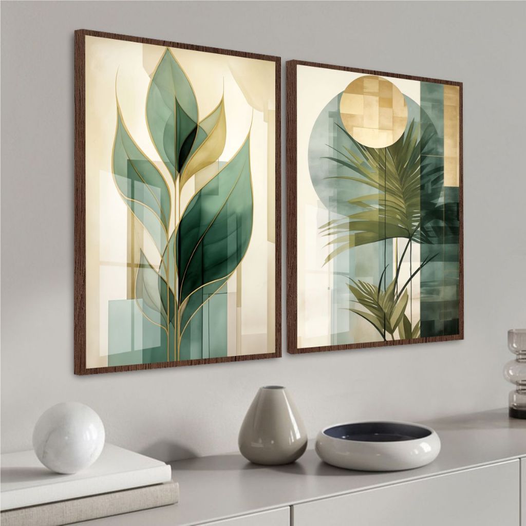 Quadro Moldura e Vidro Kit Duas Peças Folhagens Tons Verde Bege Decoração Quarto Sala Escritório