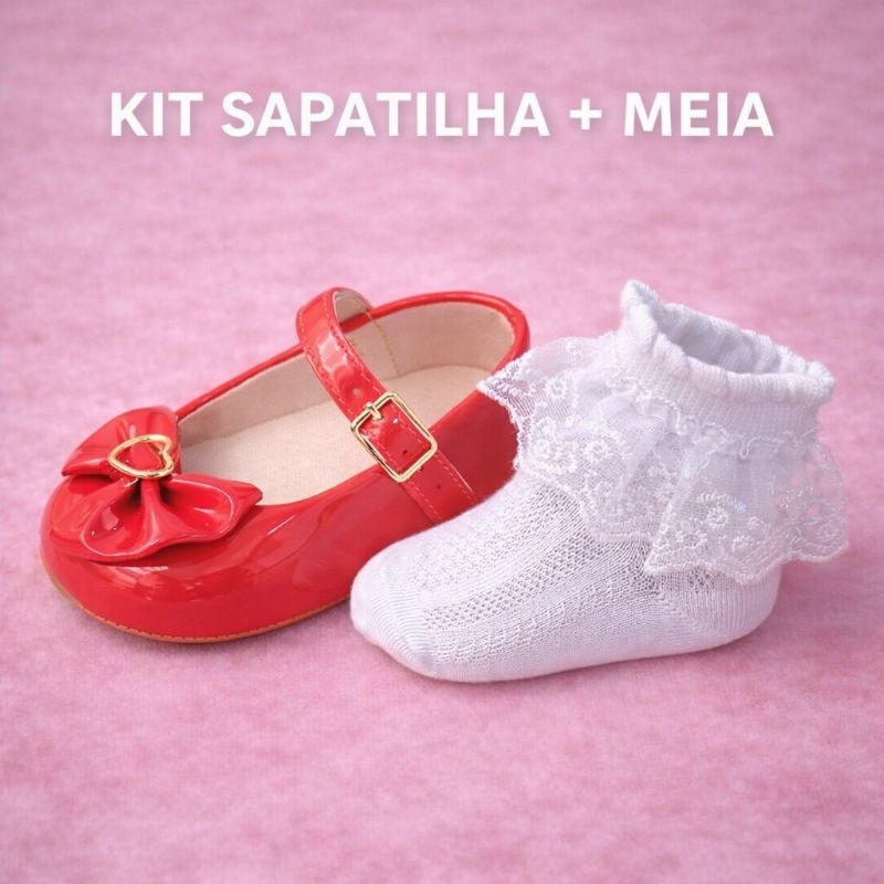 Kit Sapatilha Bebê + Meia Renda do 14 ao 19 - Estilo Boneca Verniz Leve Batizado Festa Daminha