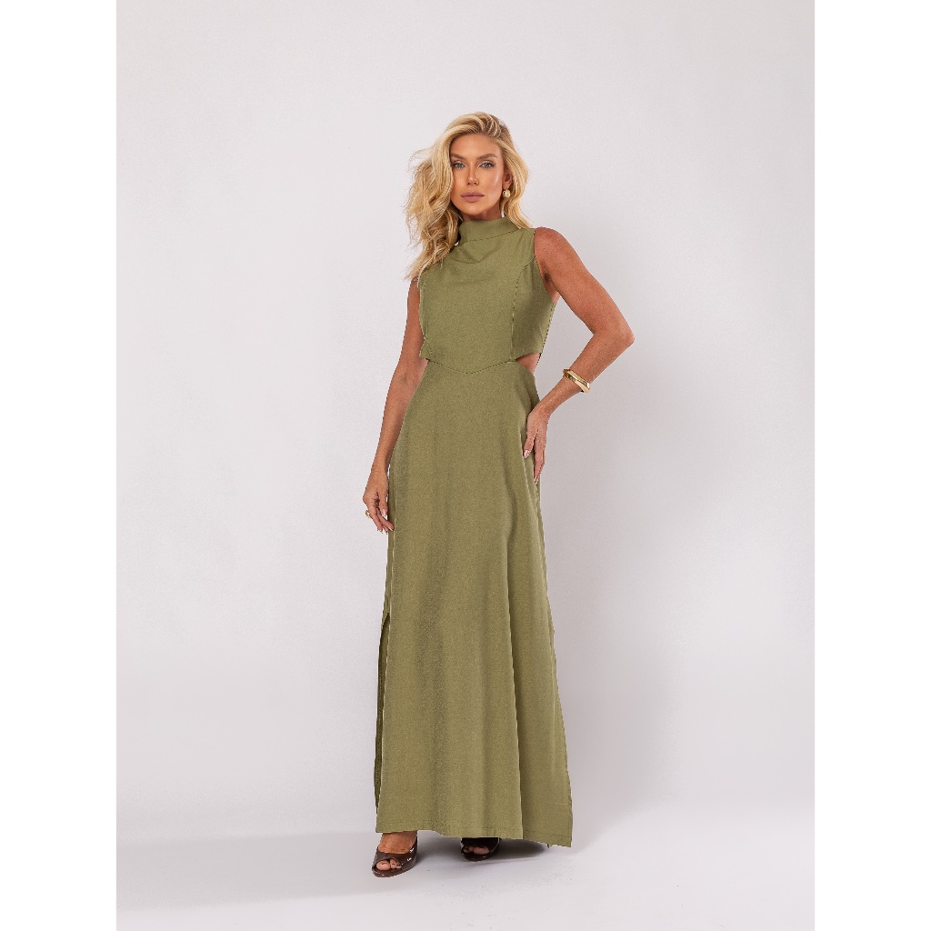 Vestido Longo Feminino em Alfaiataria, Gola Alta, Fenda Lateral, Detalhe com Abertura Lateral, Confortável, com Bolsos