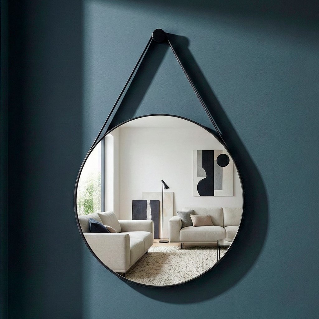 Espelho Redondo Escritório c/ Alça em Couro Ecológico 60cm +Suporte Fixação - Casa Domo em Oferta na Shopee