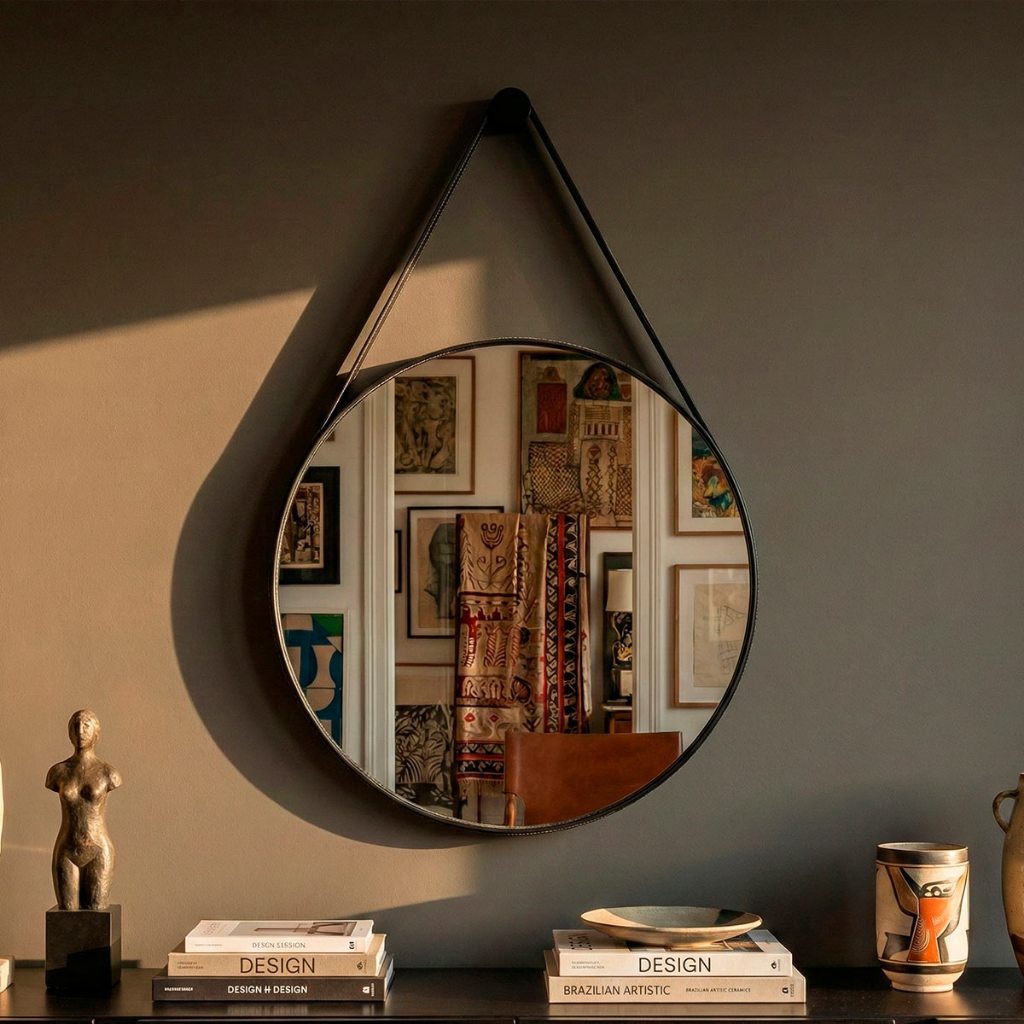 Espelho Adnet Redondo Decorativo 50 cm com Alça em Couro Orgânico e Costura Dupla - Pino de Fixação em Oferta na Shopee