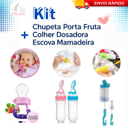 Kit Bebê Chupeta Mordedor Porta Fruta + Mamadeira Colher Dosadora Para Introdução Alimentar + Escova Lavar Mamadeira