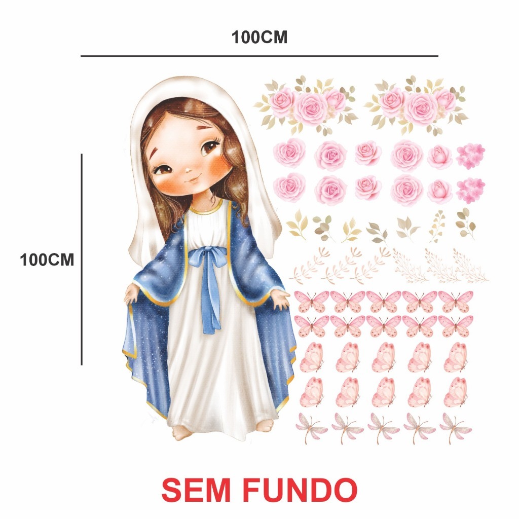 Adesivo de Parede em Recorte sem fundo Nossa Senhora das Graças e borboletas 100x100cm - GVS DECOR