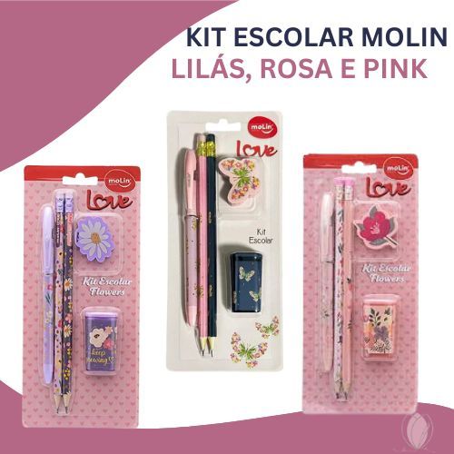 Kit Escolar Molin Love Flowers Lilás, Rosa e Pink – Lápis, Caneta e Acessórios em Oferta na Shopee