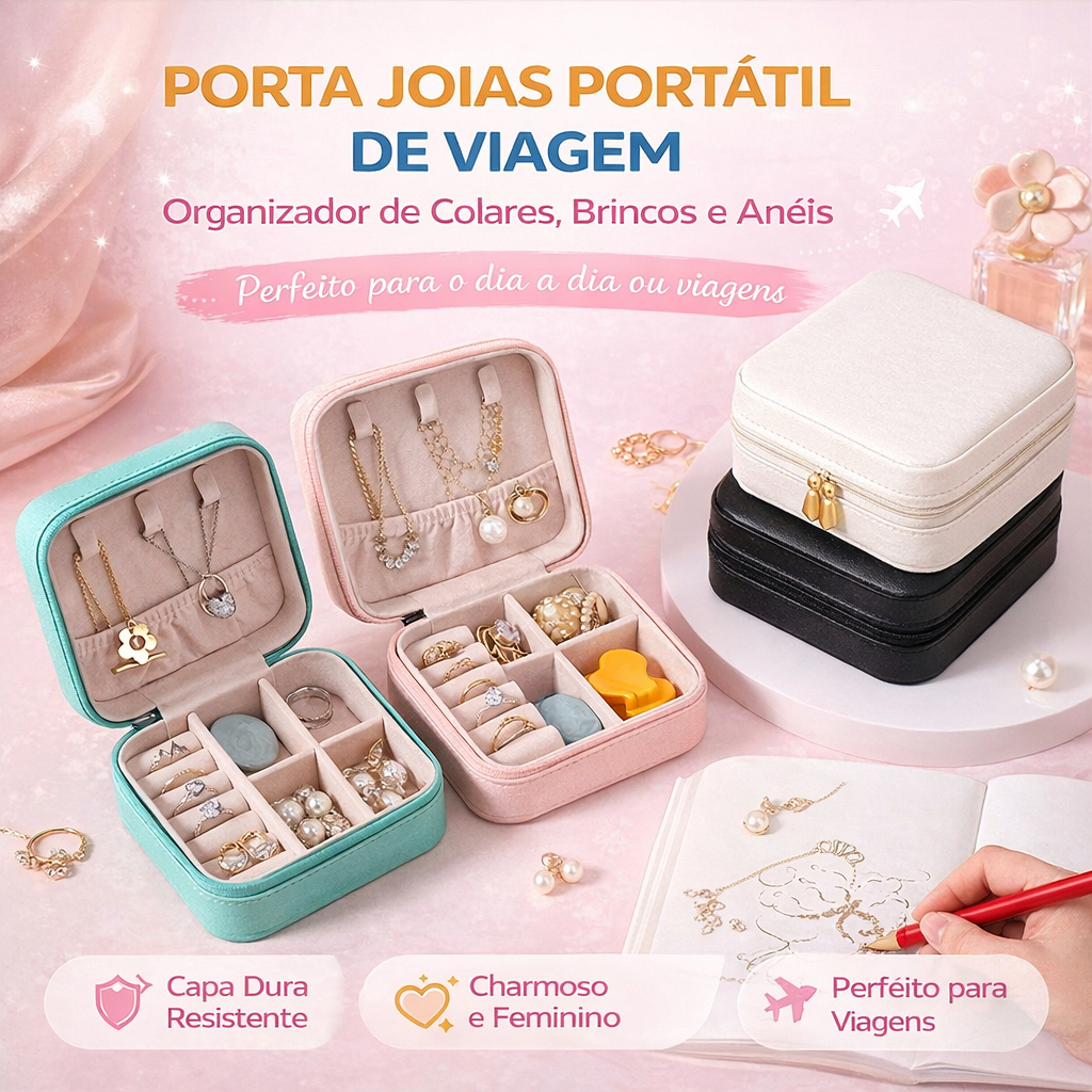 Porta Joias Portátil De Viagem Organizador De Colares Brincos Anéis Maleta Estojo Mini