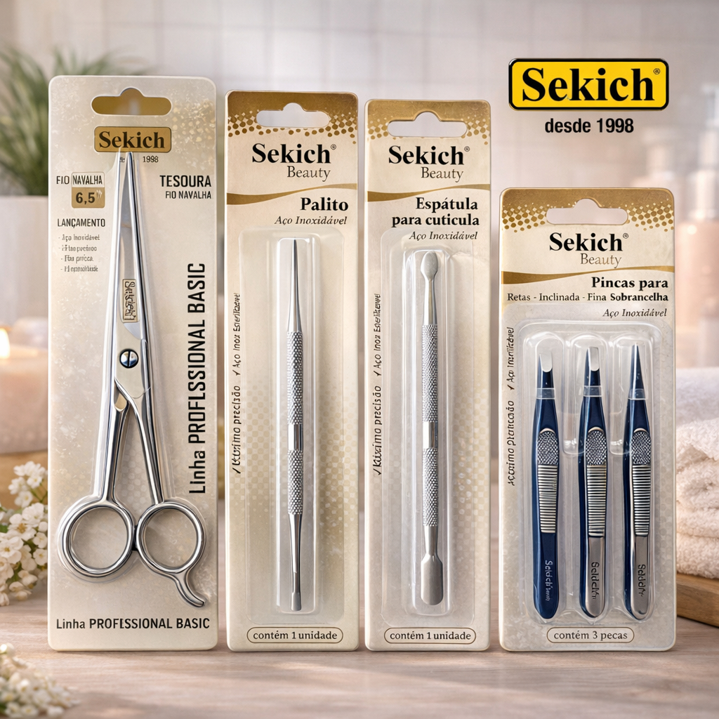 Kit Profissional Sekich Tesoura Fio Navalha 6.5 + Palito + Espátula Unha + Kit 3 Pinças Aço Inox Manicure Pedicure