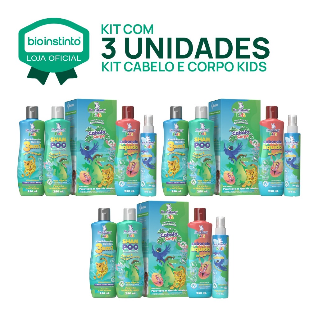 03 KITS KIDS Cabelo e Corpo Bio Instinto Hidratação Brilho Maciez Colônia Perfumada Fácil de Pentear