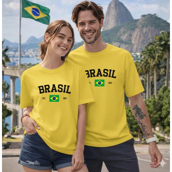 Kit 2 Camisas Brasil Casal Algodão Gola Redonda Camiseta Top Copa do Mundo