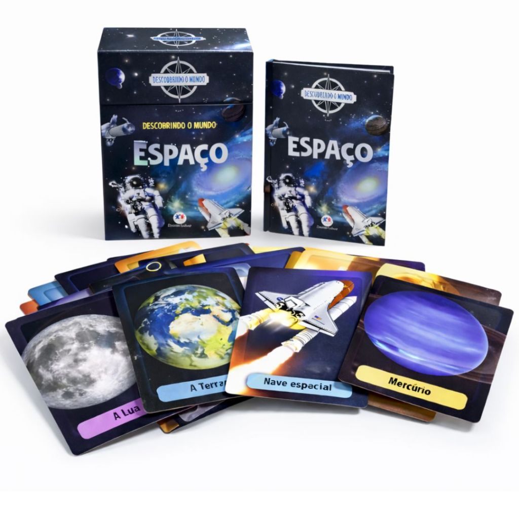 Livro do Espaço Infantil Astronauta Universo Nave Espacial + 40 Cartões Gigantes