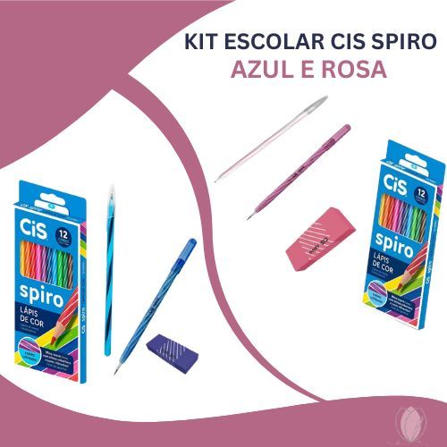 Kit Escolar CIS Spiro Azul e Rosa – Lápis de Cor, Lápis, Caneta, Borracha e Apontador