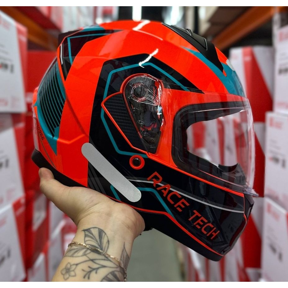 CAPACETE RACE TECH EXILIO LARANJA PRETO VERDE ESPORTIVO + NARIGUEIRA + BAVETE