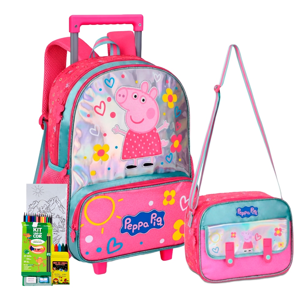 Kit Mochila Infantil Carrinho Bluey Lancheira Térmica Alça Escolar Creche Peppa Pig Volta As Aulas