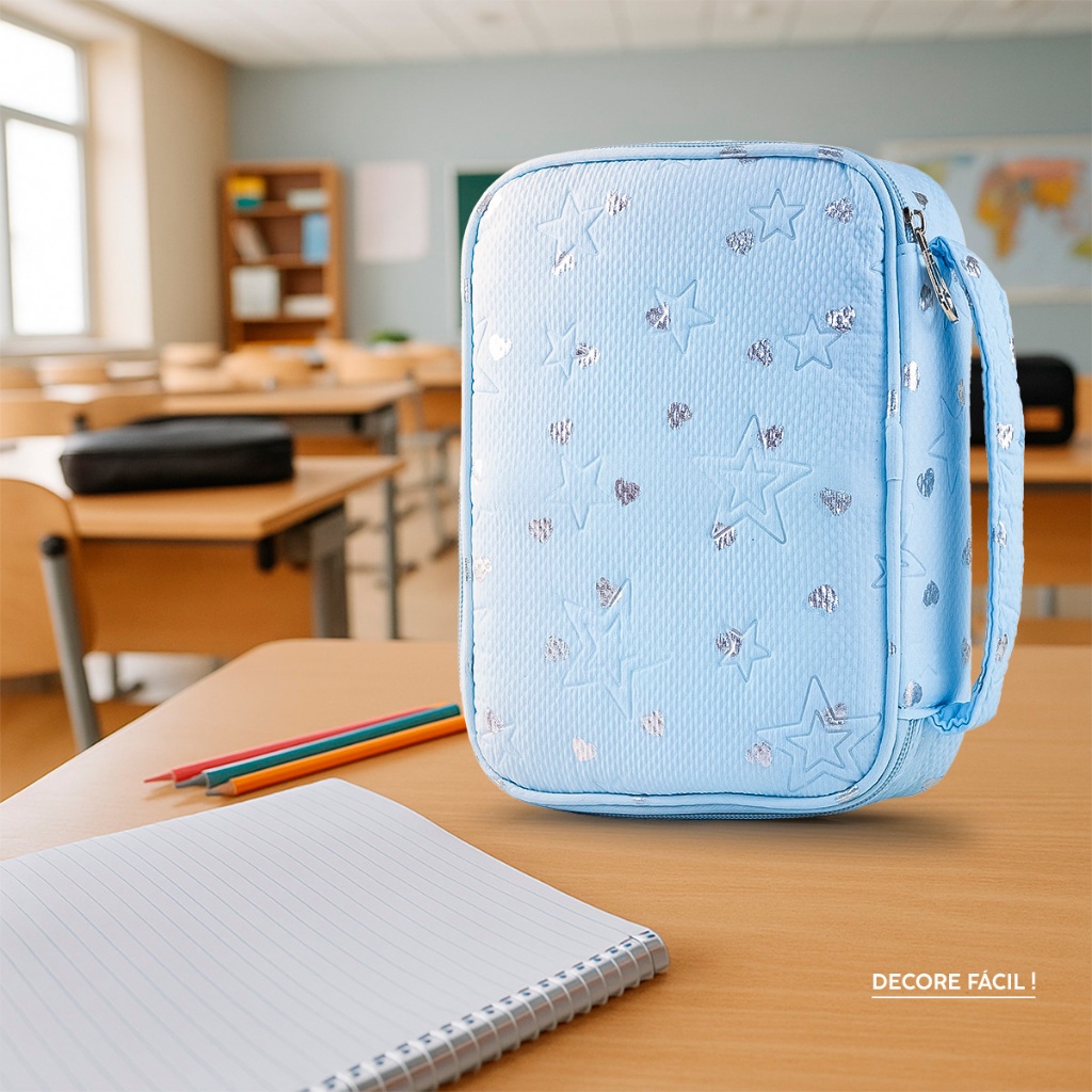 Estojo Box 100 Pens Escolar Nylon Com Alça Feminino/Masculino Organizador Divisórias Zíper Infantil