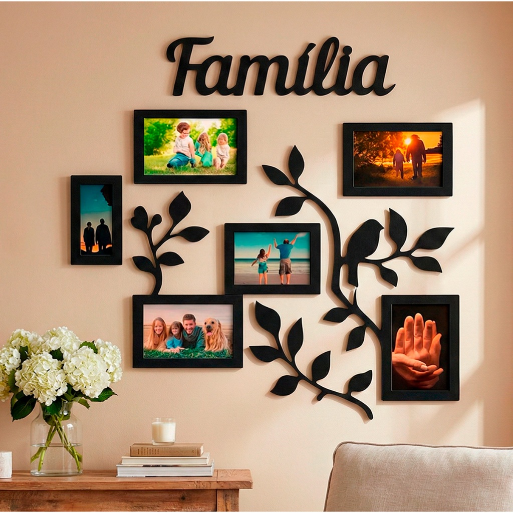 Painel Porta Retrato Parede Familia MDF 6 Fotos 10x15 Decorativo Moldura Preta Galhos Sala Quarto Envio Rapido em Oferta na Shopee