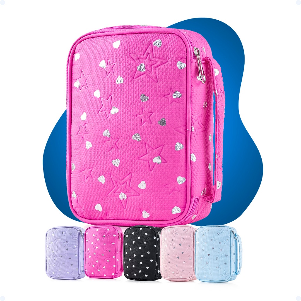 Estojo Box 100 Pens Escolar Nylon Com Alça Feminino/Masculino Organizador Divisórias Zíper Infantil