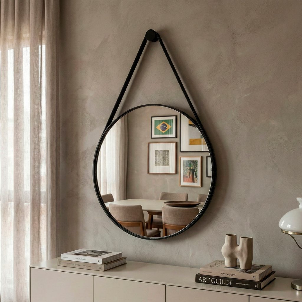 Espelho Moderno Redondo Suspenso de Parece c/ Alça em Couro Ecológico 60cm + Suporte de Fixação em Oferta na Shopee